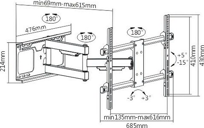 Brateck LPA49-463D (Basi Tileorasis Toixou me Braxiona 37-70" kai 60kg)